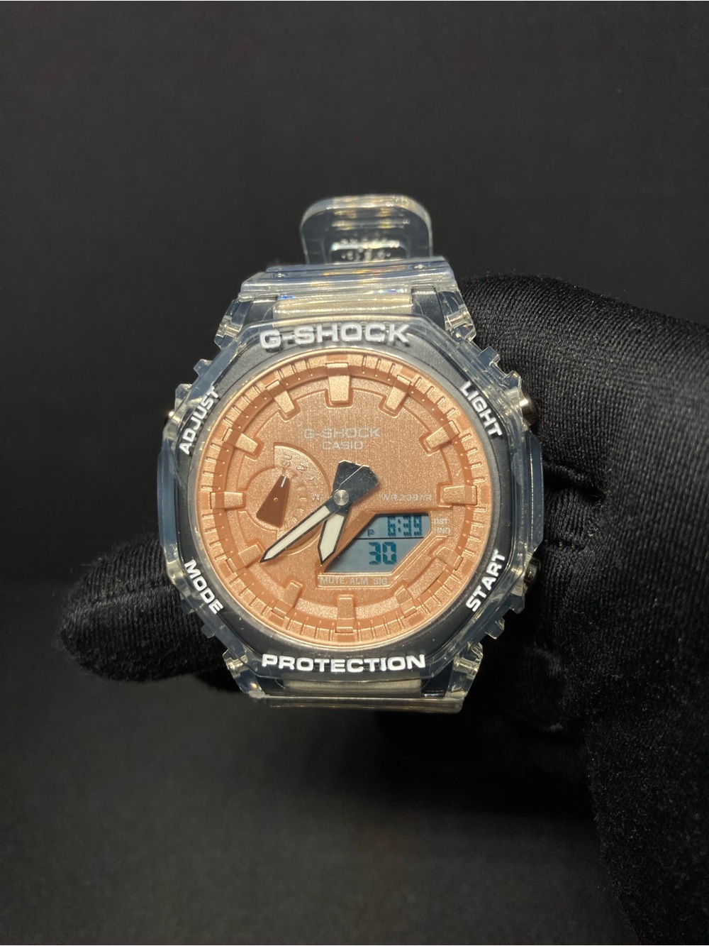 Custome G-Shock Clear Resin Watch with Rose Gold Dial Model GA2100